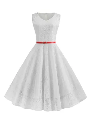 Lace Round Neck Belt Sweet Elegant Dress White 