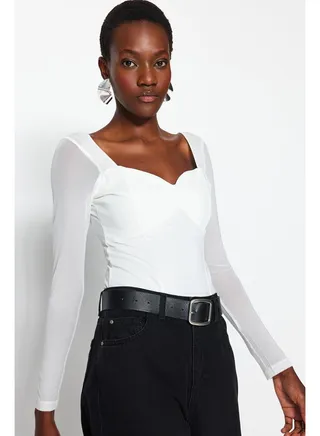 Ecru Crepe Fitted/Sticky Body with Tulle Sleeves Sweetheart Collar Flexible Knitted Snaps Body TWOAW24BD00027 