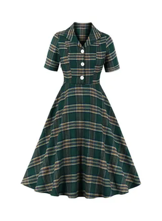 Retro Elegant Midi Dress Green/Beige 