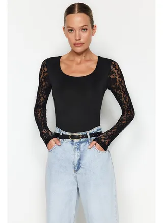 Black Square Collar Lace Sleeves Knitted Body With Snap Buttons TWOAW24BD00060 