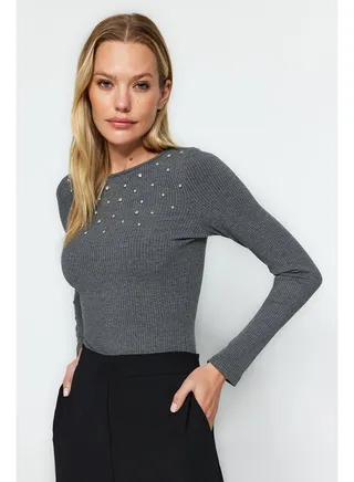 Anthracite Stone Detailed Corduroy Stretchy Knitted Body with Snap Snaps TWOAW24BD00043 