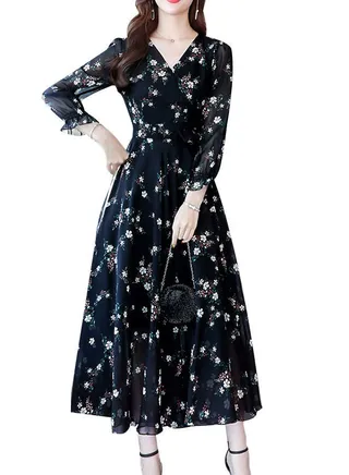A Line V Neck Long Sleeve Midi Dress Black 