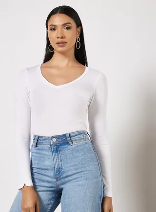 V-Neck Long Sleeve Bodysuit White 