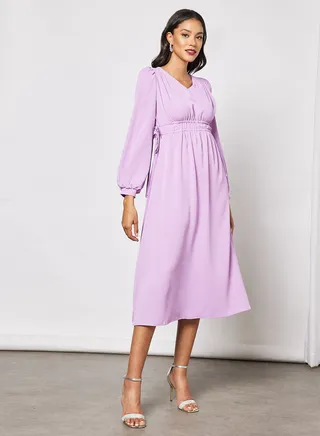 Casual Polyester Long Sleeve Midi Waist Layered Dress With V-Neck Lilac 