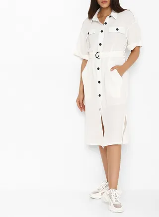 Belted Shirt Dress White 