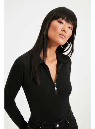 Black Zippered Polo Neck Fitted/Situated Flexible Snaps Knitted Body TWOAW21BD0066 
