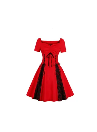 Lace Up Off Shoulder Elegant Dress Red/Black 