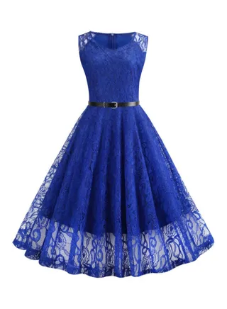 Lace Round Neck Belt Sweet Elegant Dress Blue 