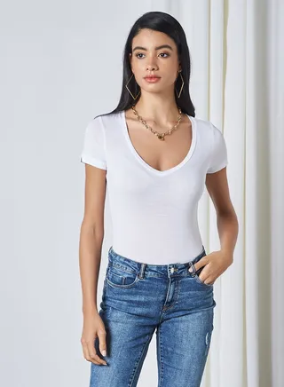 V-Neck Short Sleeve Bodysuit White 