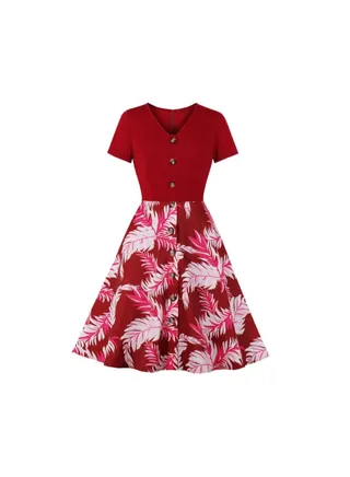 Elegant V-Neck Printed Dress Red 