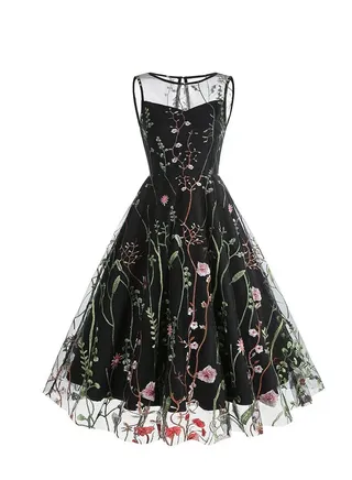 Floral Embroidered Vintage Midi Dress Black 