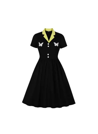 Contrast Embroidery Elegant Dress Black 