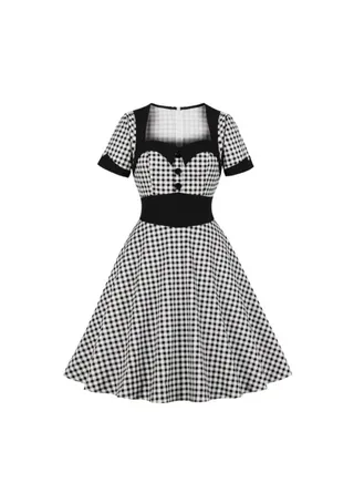 Elegant Square Neck Plaid Dress Black/White 