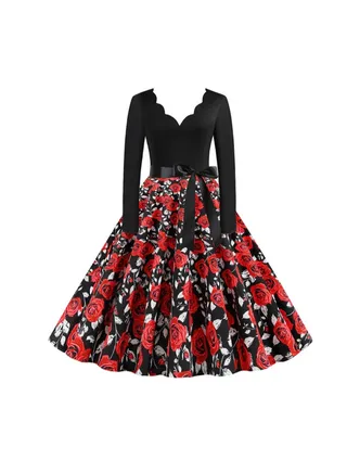 Printed Elegant Midi Dress Black/Red 