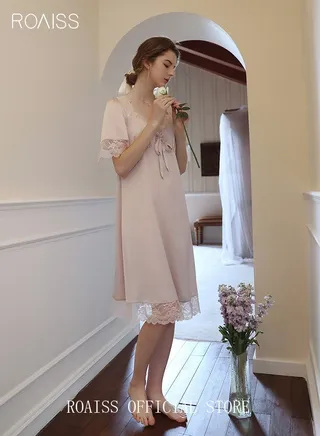 Silk Satin Nightdress Women's Short Sleeves Lace Pajamas Shirt Dress Soft Sweet Lingerie Dress Ladies Nightgown Sleepwear Mid Length Casual Loose Thin Loungewear Light Pink 