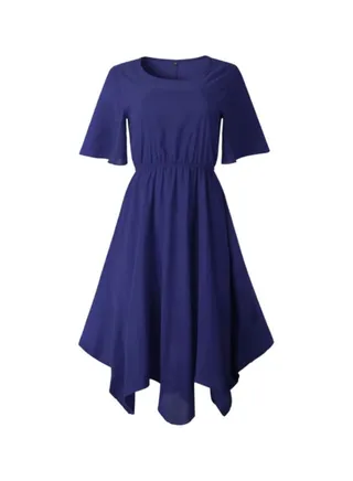 Round Neck Short Sleeve Irregular Dress Navy Blue 