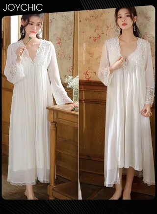 2-piece Palace Style Long-sleeved Nightgown for Women Spring and Autumn Cotton Mesh Suspender Dress+ Sleep Robe with Breast Pads Breathable Female Home Pajamas White 