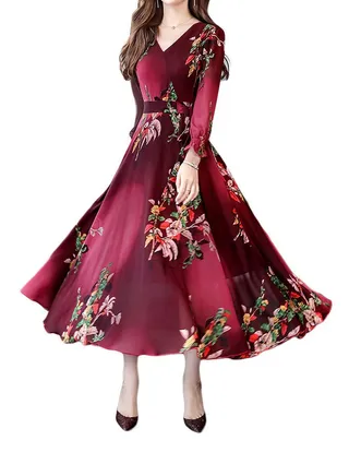 A Line V Neck Long Sleeve Midi Dress Red 
