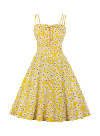 Printed Elegant Midi Dress Yellow/White 