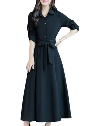 A Line Solid Color Pattern Three-Quarter Sleeve Midi Dress Black 