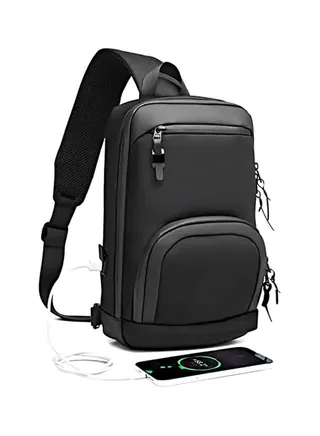 Ozuko 9516 Waterproof Fabric Chest Bag With Shoulder Strap And USB interface - Black 