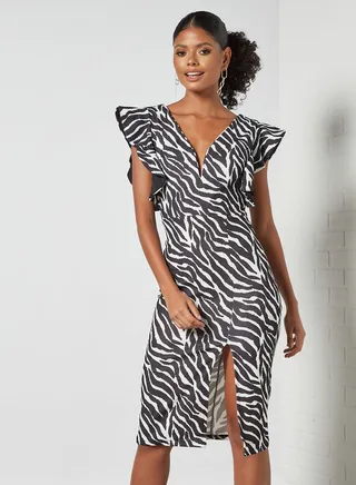 Olivia Frill Sleeve Midi Dress Black/White 