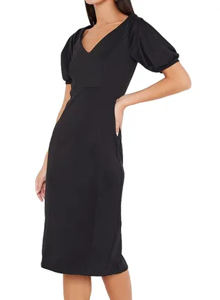 V-Neck Puffy Sleeves Midi Dress Black 