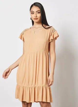 Casual Stylish Mini Dress Half Sleeves With Lace Round Neck Light Brown 