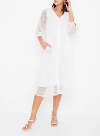 Mesh Button Down Dress White 