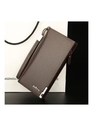 Men's Multifunction Clutch Purse PU Leather Long Triflod Wallet Zipper Multi-card Holder Cash Organizer with Portable Rope Coffee 