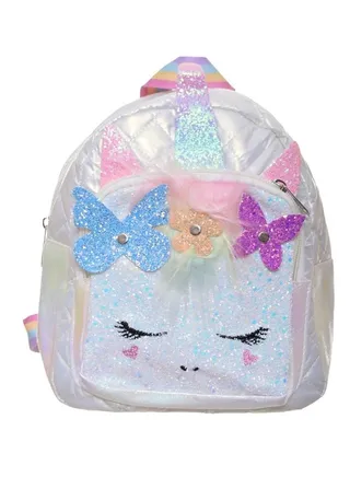 Backpack For Kids Girls Polyester Fabric With Uni Corn Design And Butterfly Shapes 