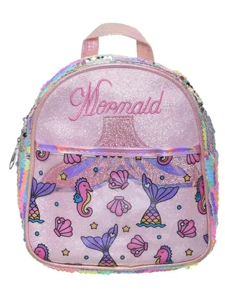 Backpack For Kids Girls Polyester Fabric With Sea Bride Tail Design And Sea Object Drawings With Straces 