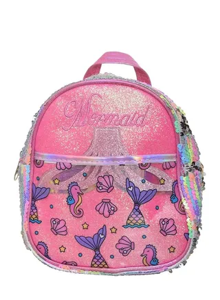 Backpack For Kids Girls Polyester Fabric With Sea Bride Tail Design And Sea Object Drawings With Straces 