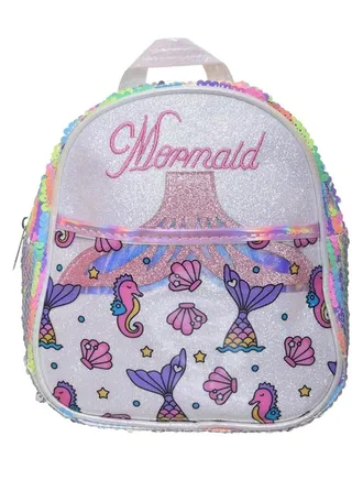 Backpack For Kids Girls Polyester Fabric With Sea Bride Tail Design And Sea Object Drawings With Straces 