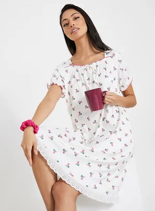 Contrast Lettuce Hem Floral Print Rib Broderie Nightdress