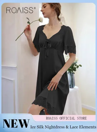 Silk Satin Nightdress Women Short Sleeves Lace Pajamas Shirt Dress Soft Sweet Lingerie Dress Ladies Nightgown Sleepwear Mid Length Casual Loose Thin Loungewear 