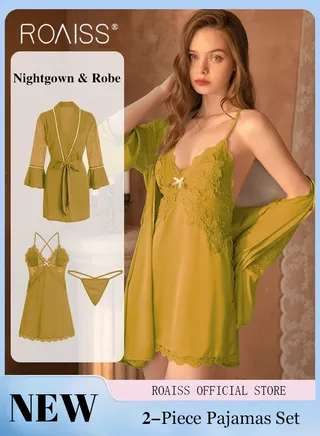 2-Piece Set of Women Pajamas with V-Neck Design Women Home Wear Set Same Color Outer Robe and Lace Element Nightgown 