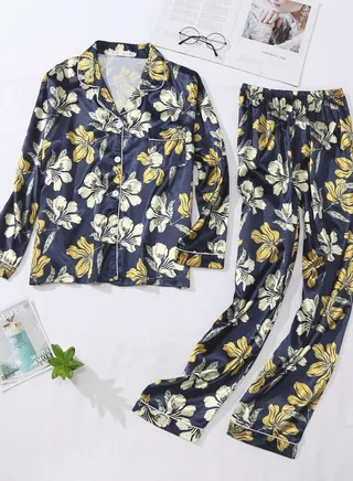 Summer New Ice Silk Floral Long-sleeved Trousers Large Size Loose Home Service Women's Pajamas Suit 