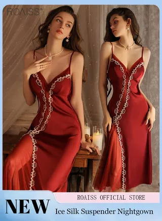 Ice Silk V-Neck Suspender Nightgown Women'S Sleeveless Adjustable Backless Mesh Splicing Translucent Long Honeymoon Wedding Nightgown 