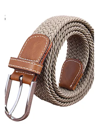 Men's Women's Canvas Plain Webbing Metal Buckle Woven Stretch Waist Belt Strap Khaki 