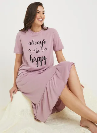 Always Be Happy Ruffle Hem Sleep T-Shirt Dress 