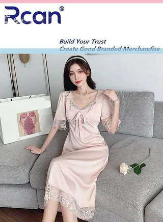 Fashion French Retro Princess Style Pajamas with Chest Pad V Neck Short Sleeve Dress Soft Satin Sleepwear Nightdress Loungewear Skirt Plus Size for Women 