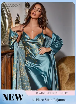 2-Piece Satin Printed Nightgown Knee Length Suspender Nightgown Classic Long Sleeved Cardigan Nightgown Babydoll Sleepwear Set 