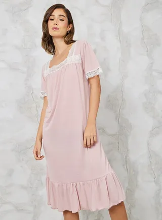 Lace Trim Square Neck Ruffle Hem Nightdress
