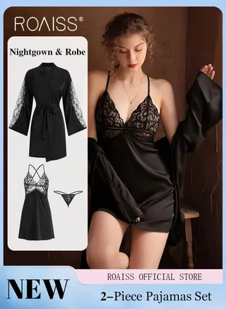 2-Piece Set of Women Pajamas with V-Neck Design Women Home Wear Set Same Color Outer Robe and Lace Element Nightgown 
