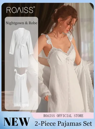 2 Piece Nightgown Set Women Sweet Nightdress Lace Lingerie Sleepwear Home Dress Set Romantic Elegant Pajamas Ladies Spring Autumn Robe Loungewear 