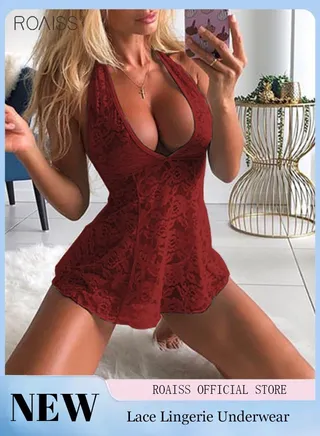 Women's Lace Nightdress Suit Fashion Sleeveless Strap Nightgown Neck Lace Nightdress Perspective V Neck Lingerie 