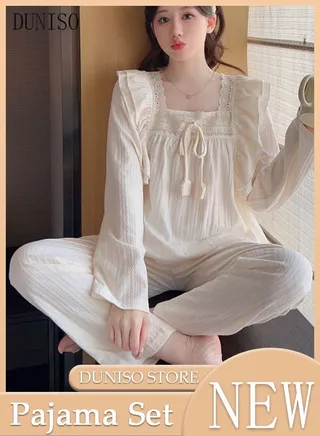 2-Piece Women's Soft Pajamas Set Square Collar Night Wear Loungewear Button-Down Night Suit Spring And Autumn Home Wear Long Sleeve Top And Pants 