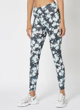 Women's High Rise Sports Training Workout Stretch Leggings With Elastic Waist And All Over Print Floral/White/Black 