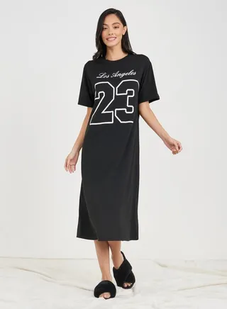 Varsity Print Drop Shoulder Sleep T-shirt Dress 